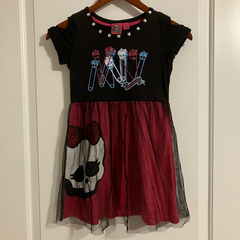 Monster High Girls Black Pink Studded Cold Shoulder Tulle Skirt Dress Size 6 6X